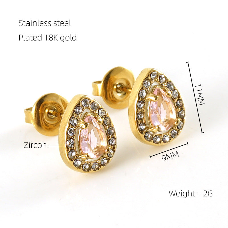 1 Pair Glam Sun Water Droplets Heart Shape Inlay Stainless Steel Rhinestones Zircon 18K Gold Plated Ear Studs