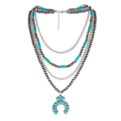 Retro Ethnic Flower Turquoise Pendant Layered Alloy Necklace