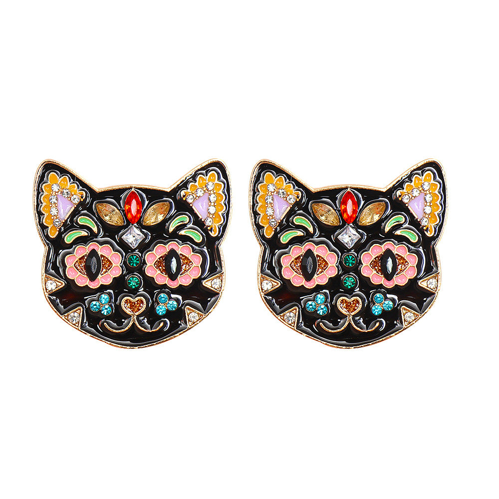 55625 Europe And America Creative Black Cat Colorful Cat Funny Earrings Halloween Ghost Festival Ear Studs Oil-Plated Diamond Earrings