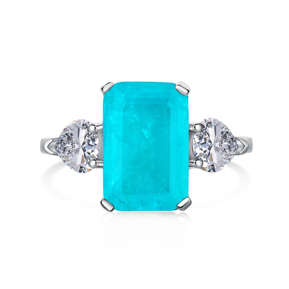 Fashion Square Water Droplets Heart Shape Sterling Silver Zircon Ring with Paraiba Tourmaline Simulated Gemstone