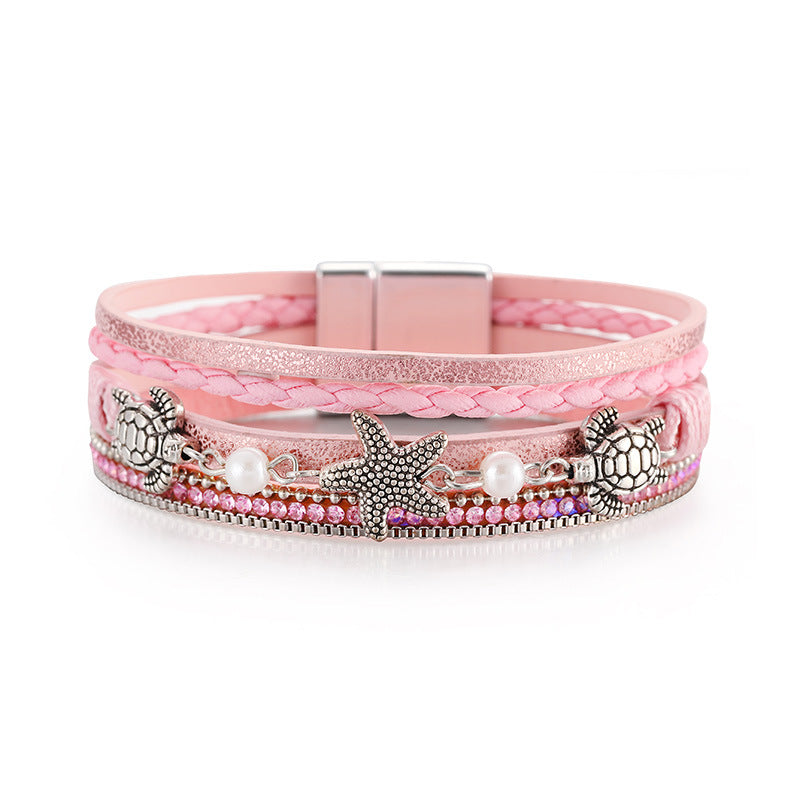 Vacation Tortoise Starfish Ethnic Leather Bracelet with Pearls and Rhinestones