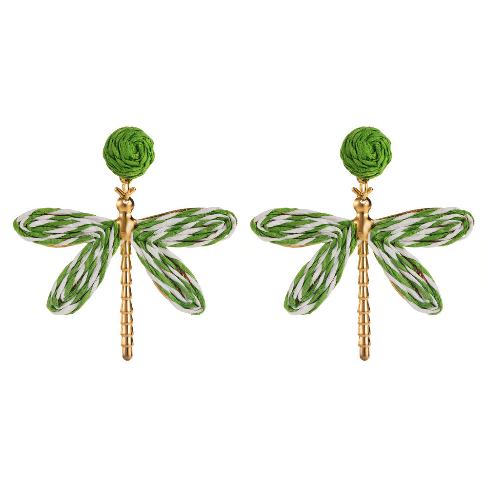 Dragonfly Raffia Gold Plated Drop Earrings - Bohemian Vacation Style