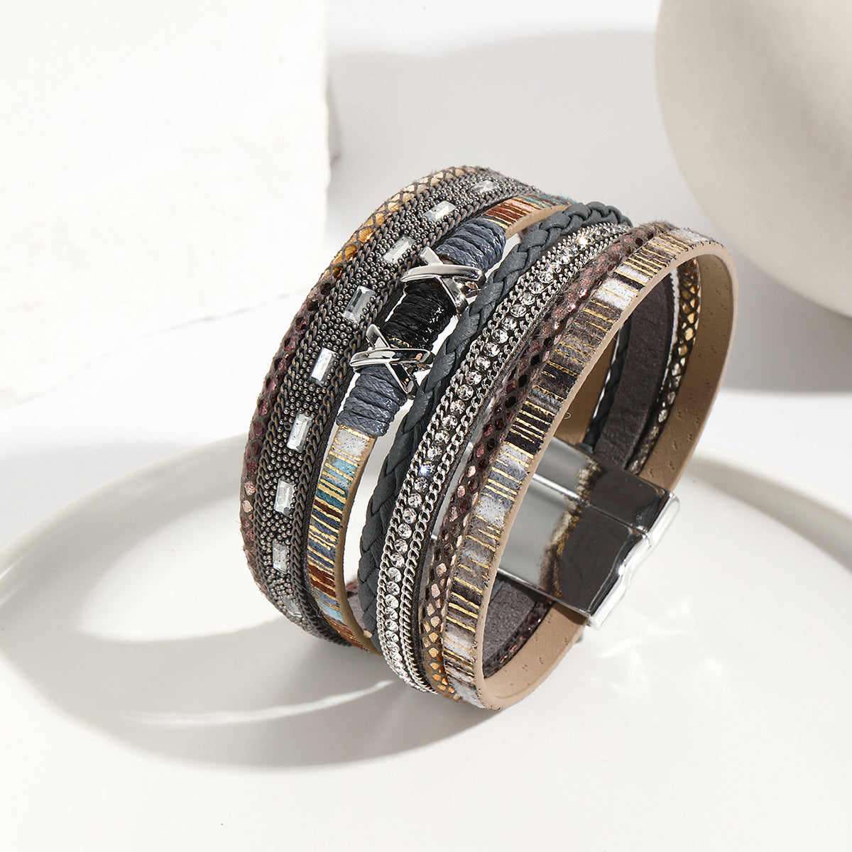 Simple Style Layered PU Leather Women's Bangle with Crystal Rhinestones and Magnetic Clasp