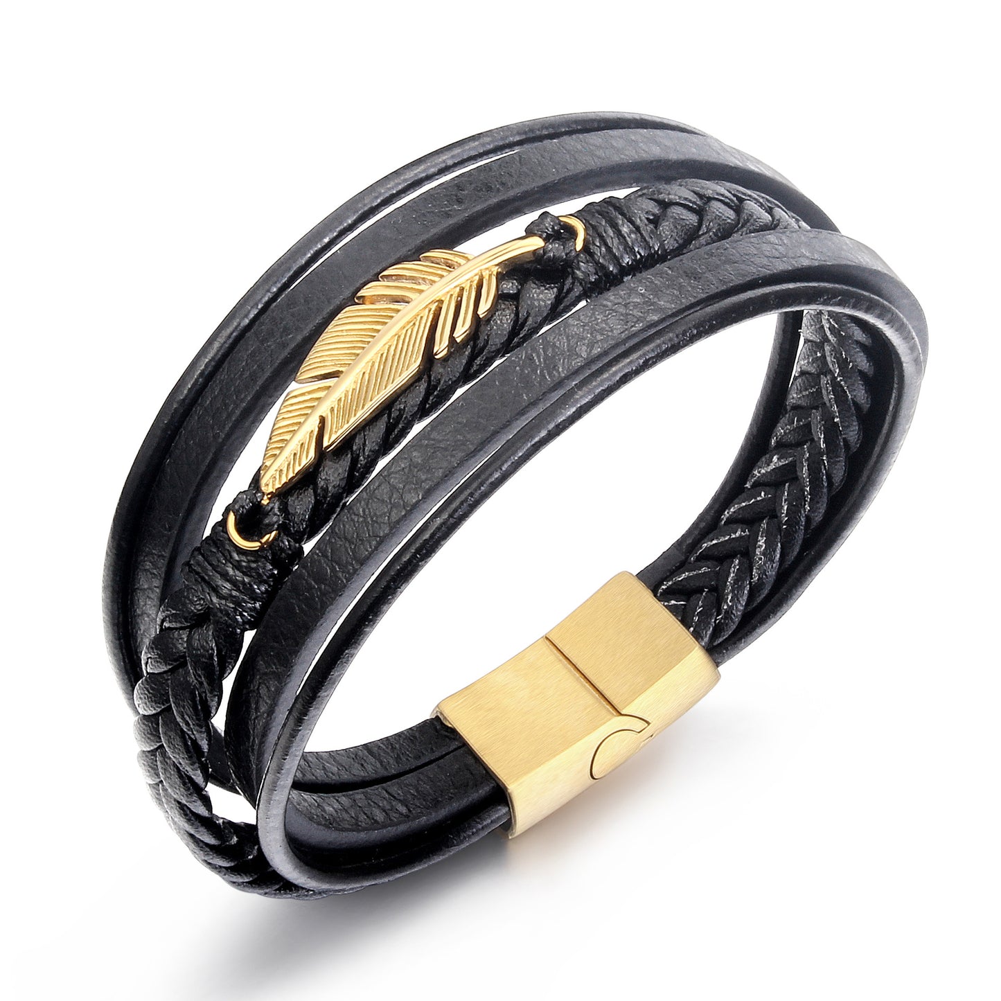 Casual Solid Color Stainless Steel and Multi-Loop Leather Men's Bracelet