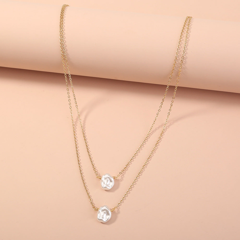 Simple Double Layer Baroque Imitation Pearl Choker Necklace