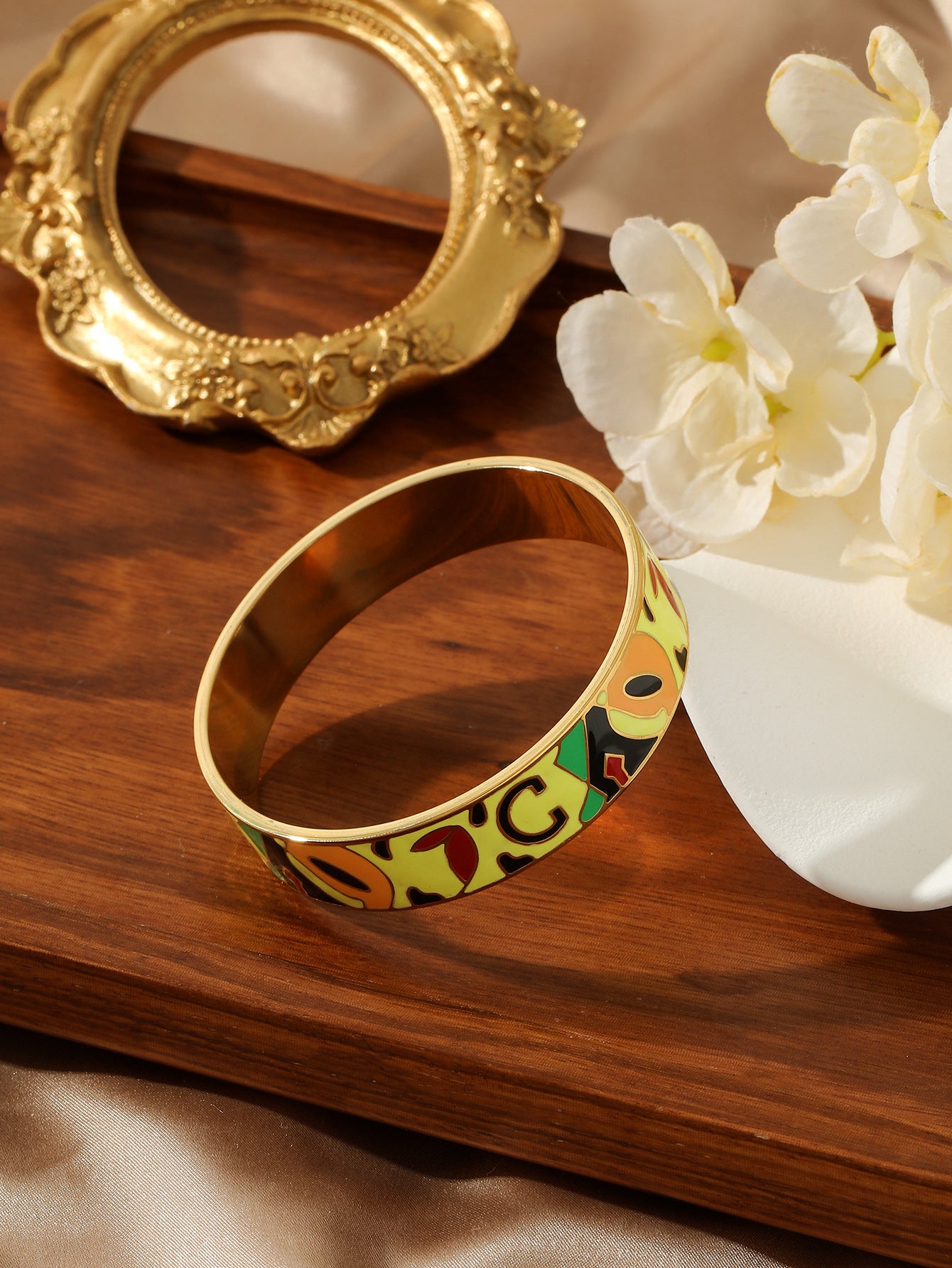 Bohemian Retro Geometric Enamel 18K Gold Plated Stainless Steel Bangle Bracelet