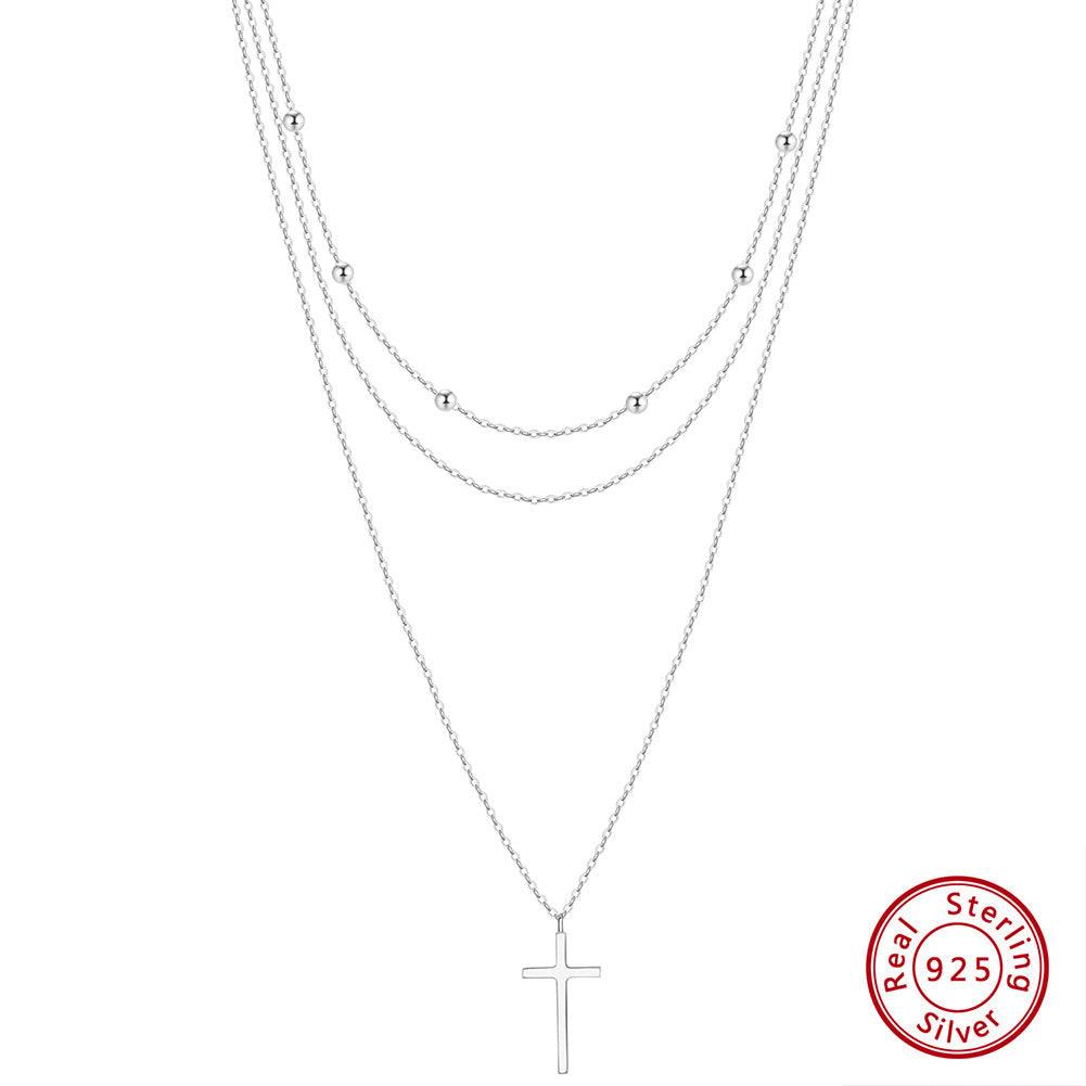 Sterling Silver 14K Gold Plated Triple Layer Cross Necklace with Rhinestones