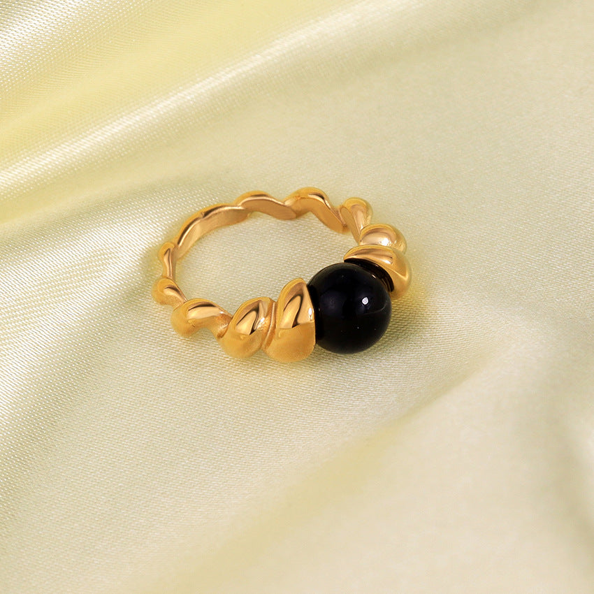 Simple Style Vintage Horn Design 18k Gold Plated Stainless Steel Ring with Pearl and Natural Stone