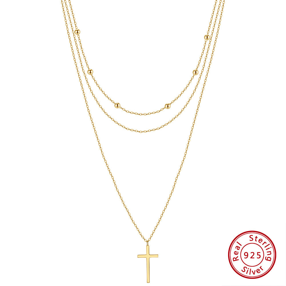 Sterling Silver 14K Gold Plated Triple Layer Cross Necklace with Rhinestones