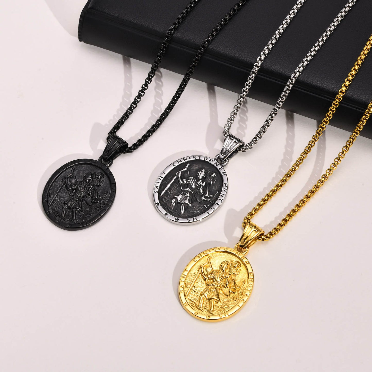 Fashion Portrait Stainless Steel St. Christopher Oval Pendant Necklace