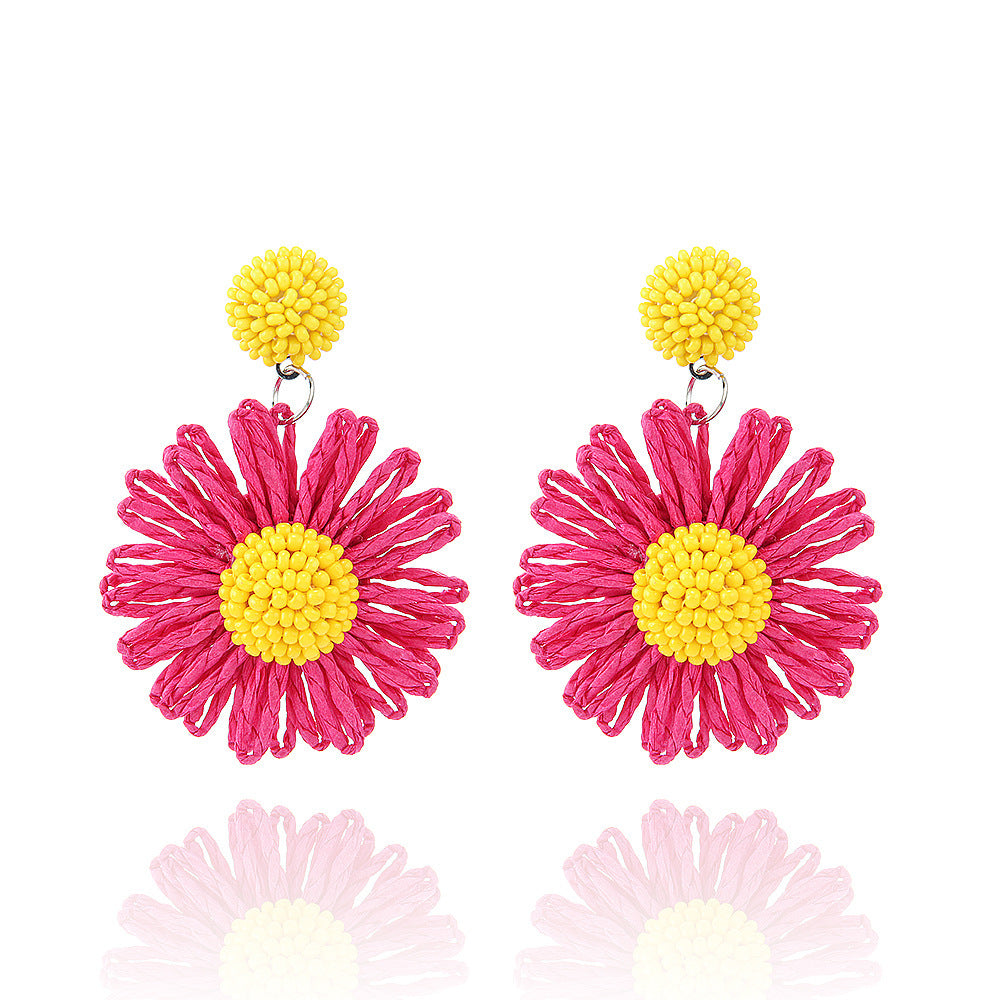 1 Pair Cute Daisy Raffia Flower Drop Earrings for Summer Beach Style