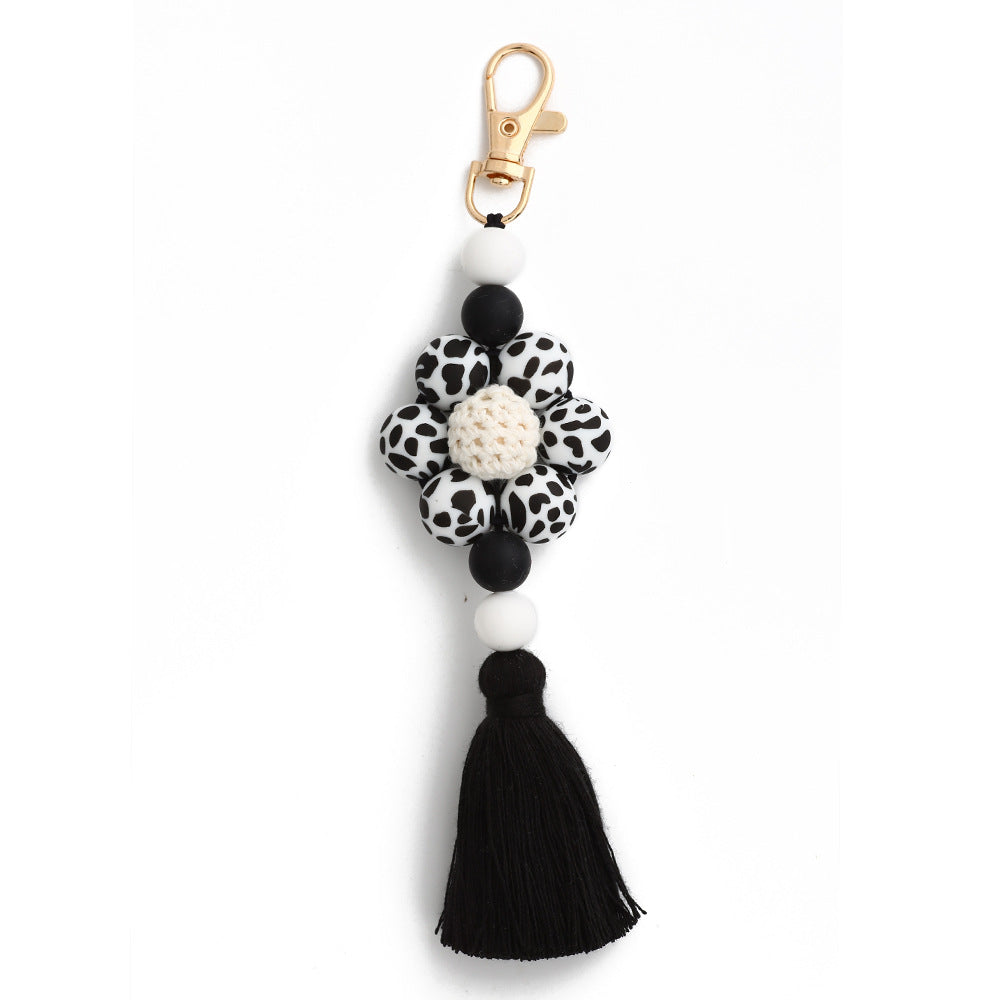 Pastoral Color Block Beaded Silicone Tassel Keychain for Women