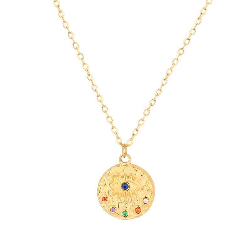 Elegant Zircon Gold Plated Stainless Steel Pendant Necklace with Coin and Shell Design