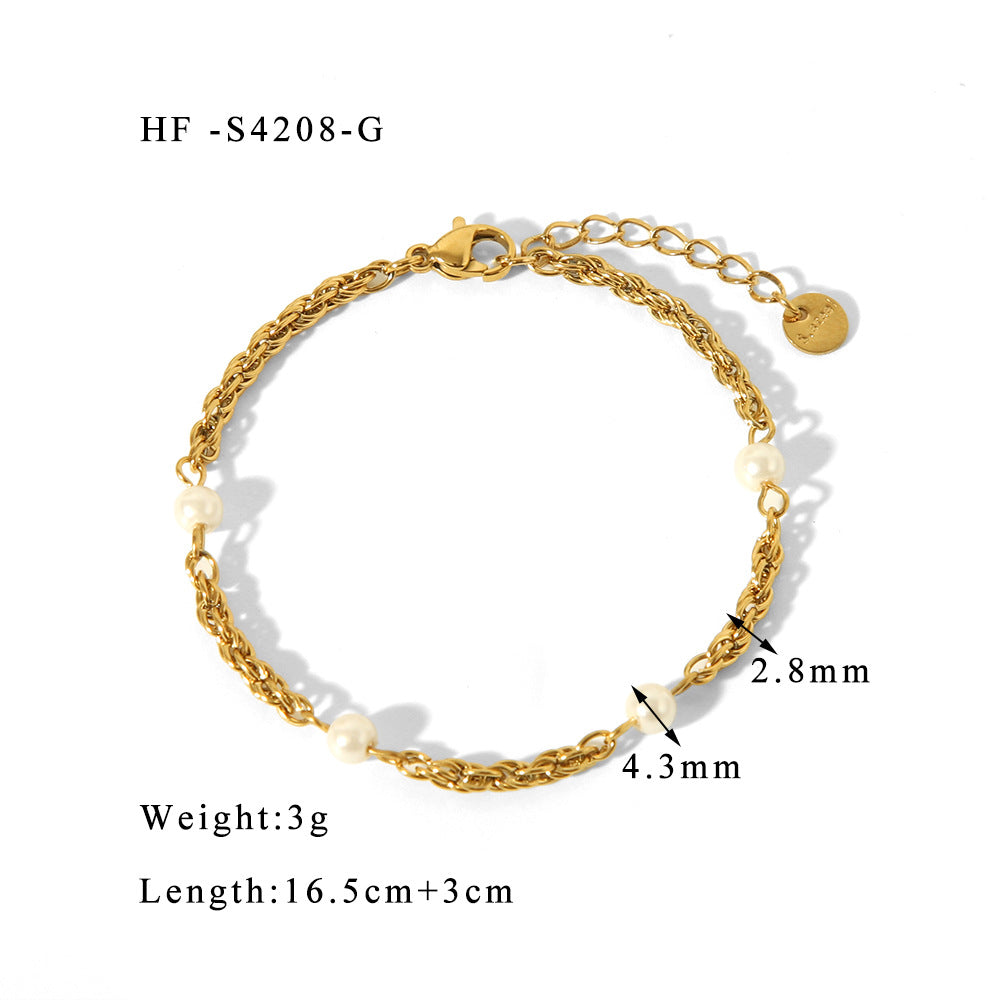 18K Gold Plated Stainless Steel Geometric Pearl Twist Chain Bracelet