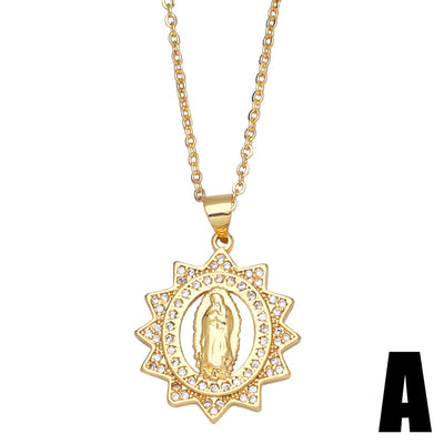 Fashion Inlaid Colored Zircon Virgin Mary Pendant Necklace Copper Chain