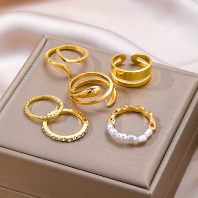 IG Style Minimalist Pearl and Rhinestone Gold Ring Set for Women - 5 Pieces