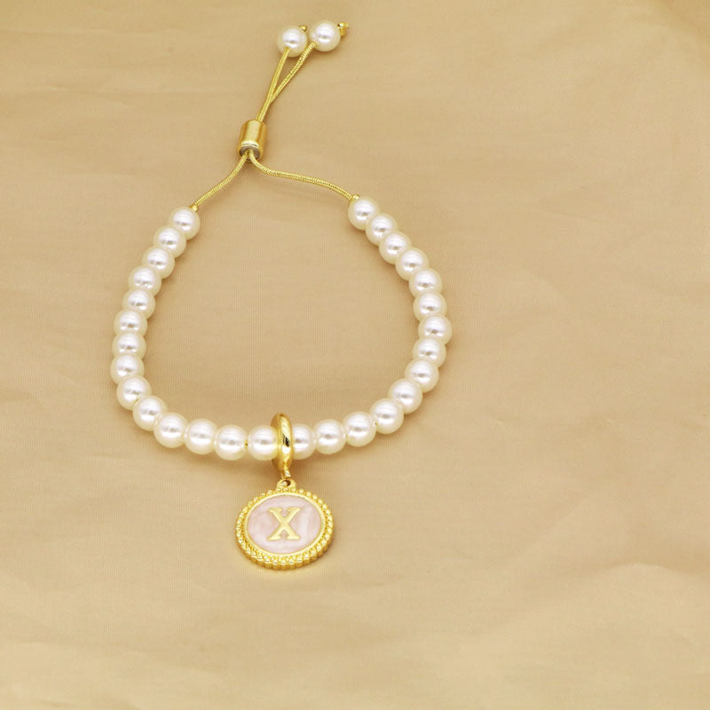 18K Gold Plated Adjustable Letter Pendant Imitation Pearl Bracelet