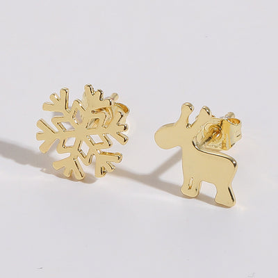 1 Pair Elegant Snowflake Elk 14K Gold Plated Asymmetric Ear Studs