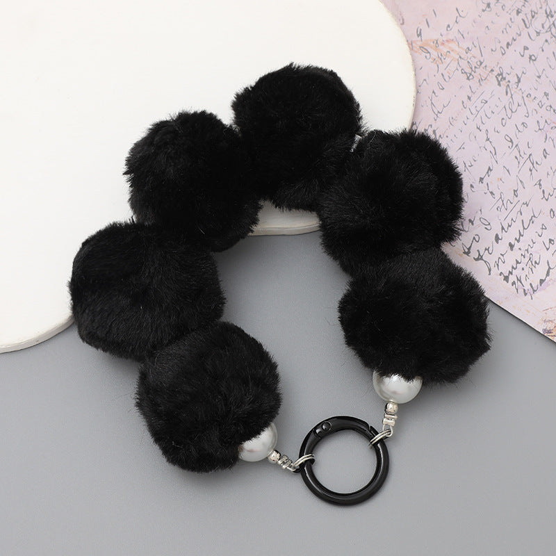 Sweet Flower Beaded Fur Ball Keychain and Phone Charm Bracelet