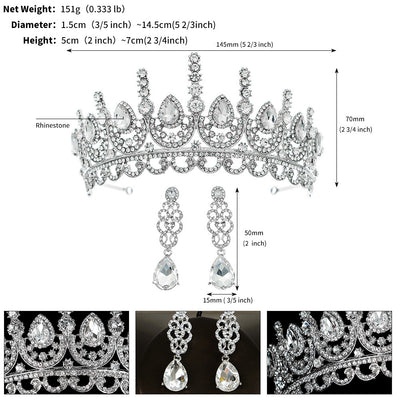 Retro Rhinestone Crown Earrings and Bridal Tiara Set