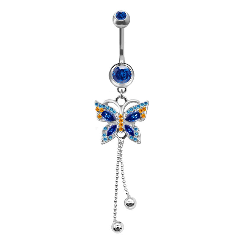 Elegant Heart-Shaped Butterfly Belly Button Ring with Rhinestones and Opal in White Gold Plated Stainless Steel