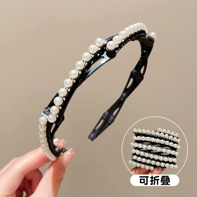 Women's Shiny Flower Acrylic Rhinestone Pearl Hair Band with Stretchable Teeth Headband