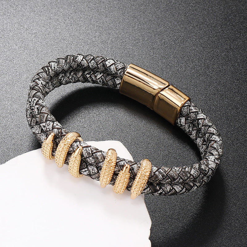 Retro Geometric Alloy Knitted Leather Men's Bracelet