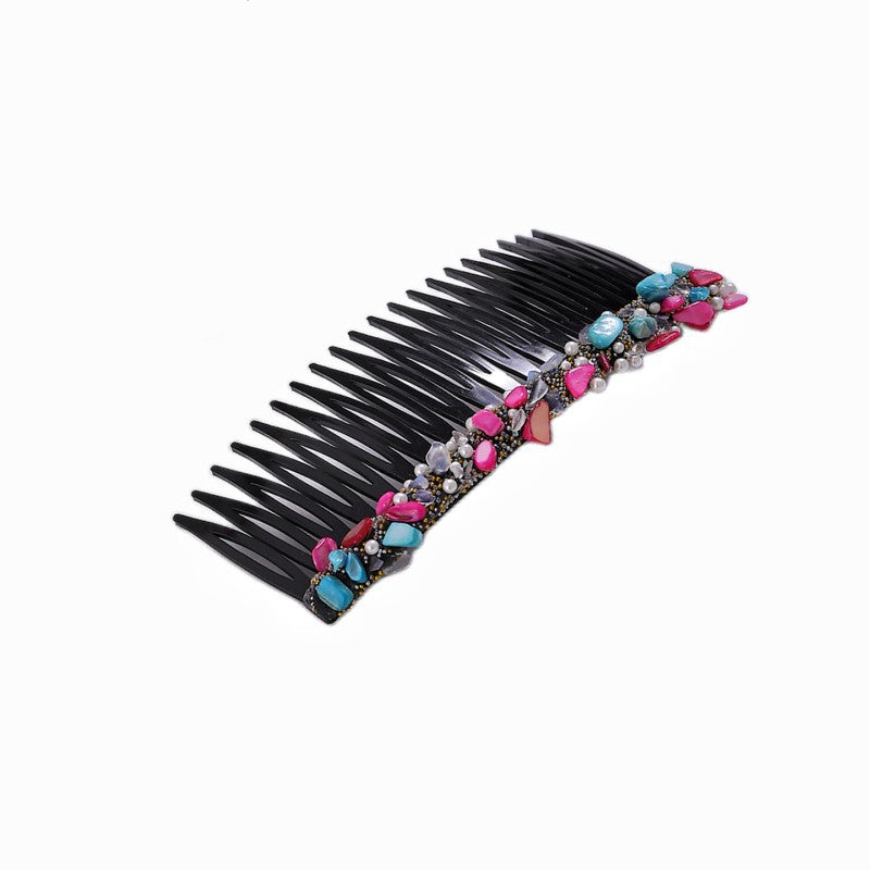 Women's Colorful Stone Hair Band with Artificial Pearl Inlay and Floral Plastic Hair Combs