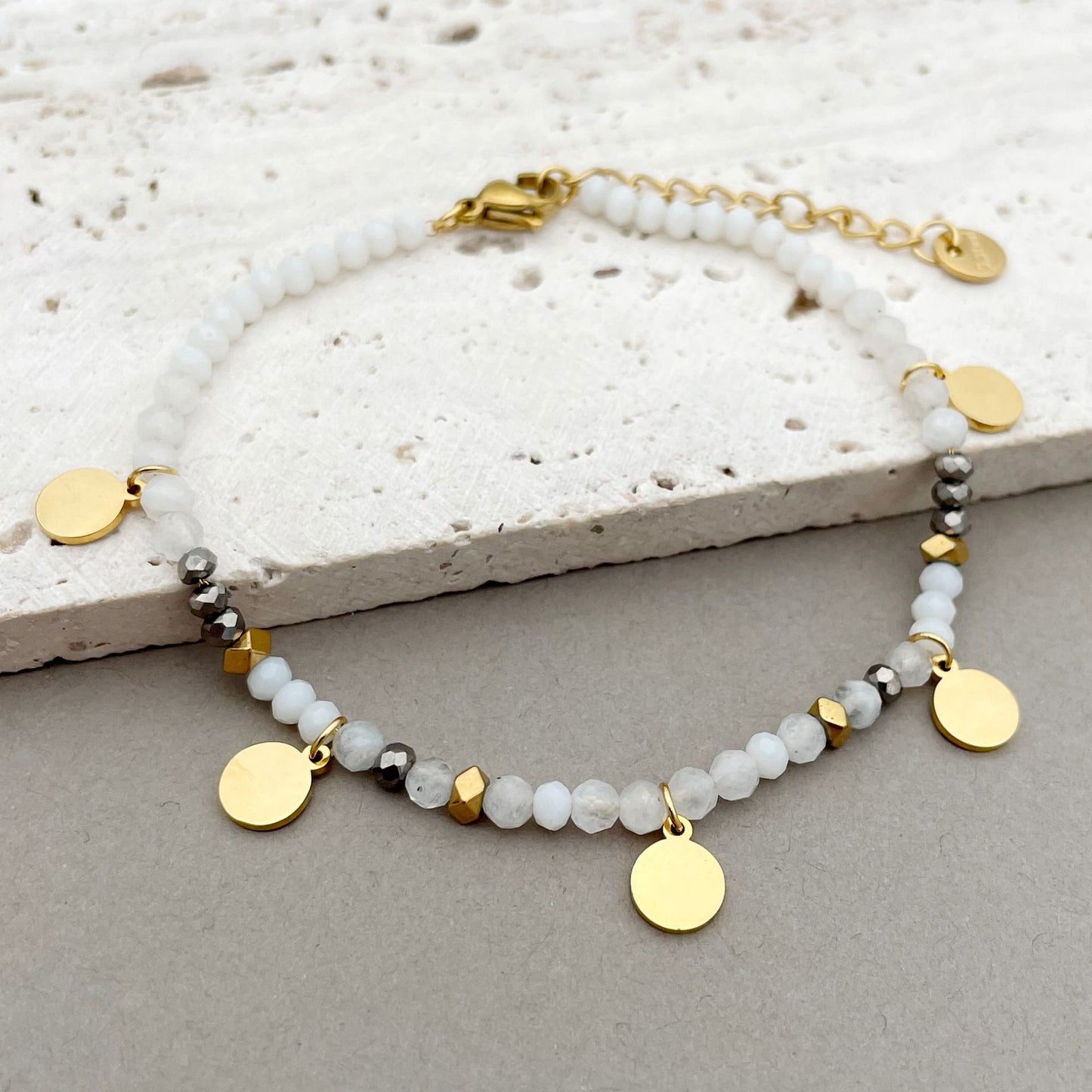 IG Style Elegant Labradorite Gold Plated Stainless Steel Beaded Bracelet