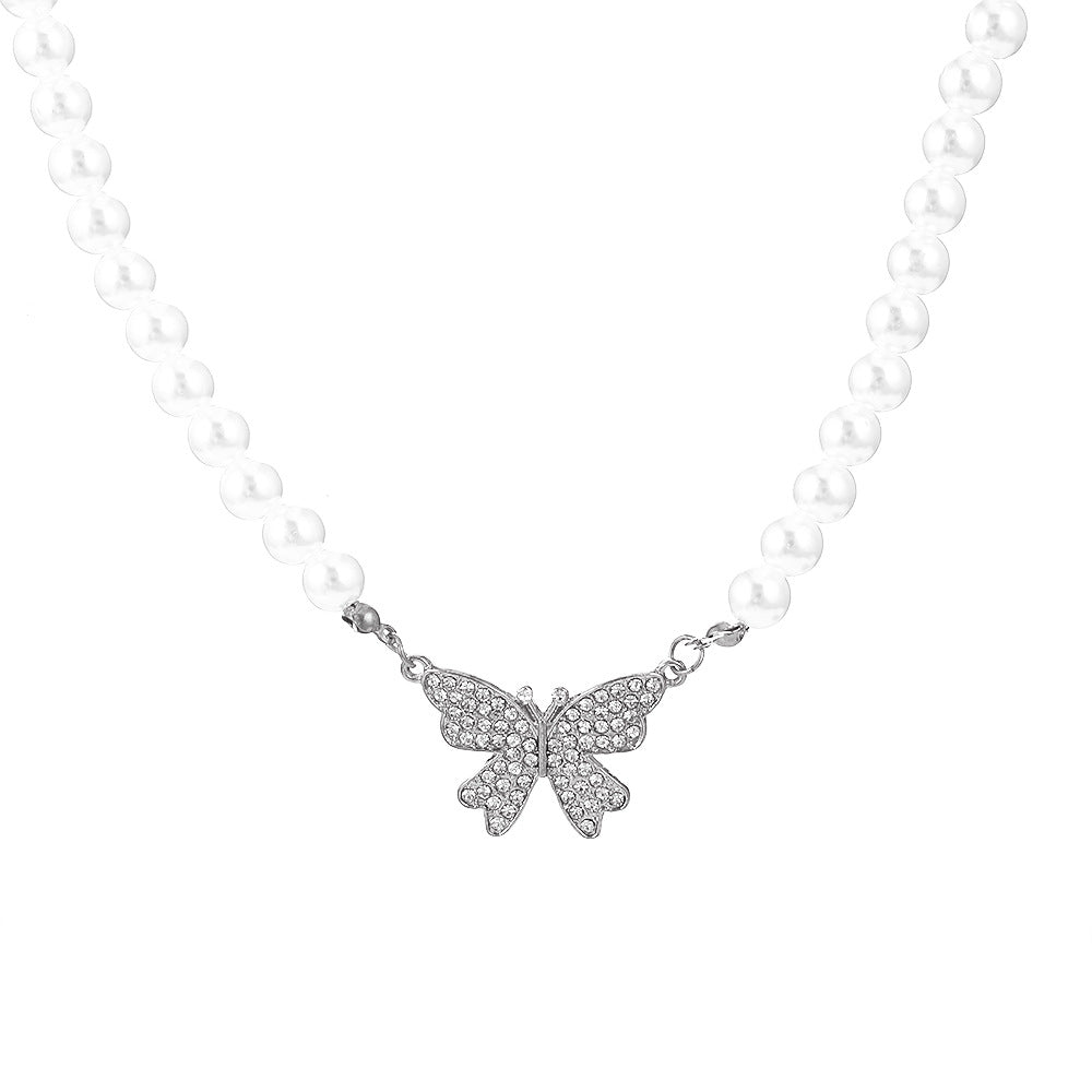 Elegant Butterfly Pearl Rhinestone Pendant Necklace for Women