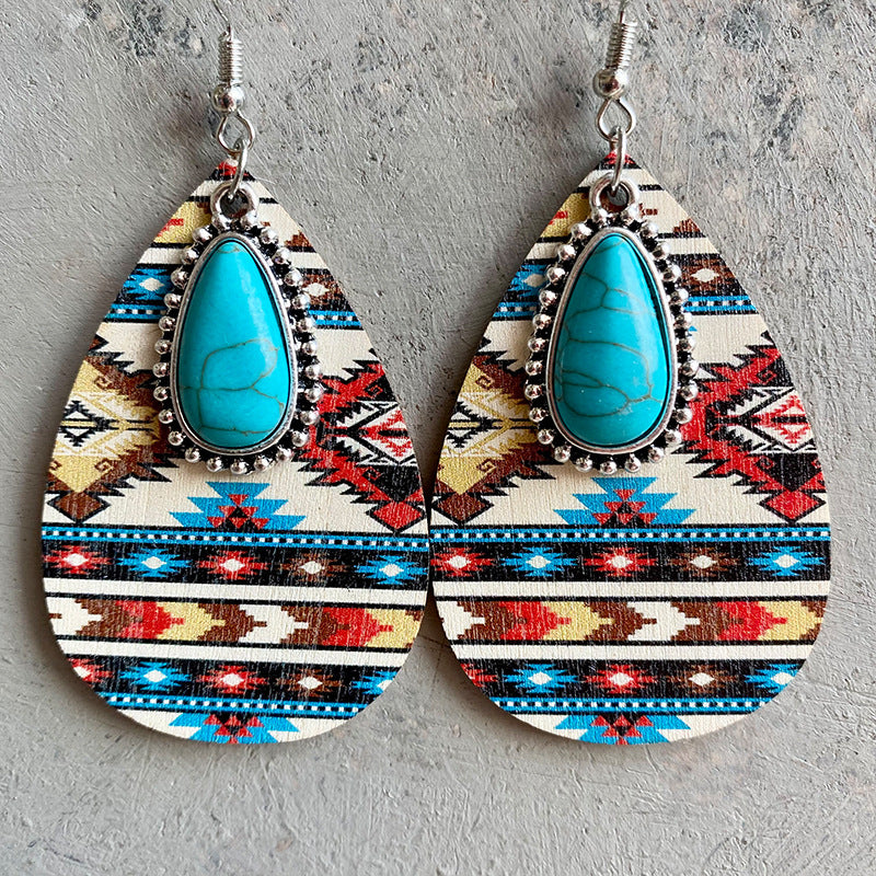 Retro Water Droplets Alloy Wood Inlay Turquoise Women'S Drop Earrings 1 Pair
