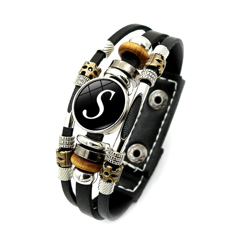 Unisex Retro Punk Multi-Layer Beaded Leather Bracelet with Alphabet Charm