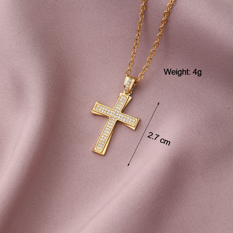 Copper Plated Zircon Cross Pendant Necklace for Men and Women