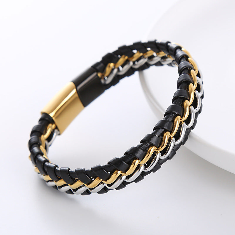 Geometric Stainless Steel Double Chain Braided Leather Men's Bracelet