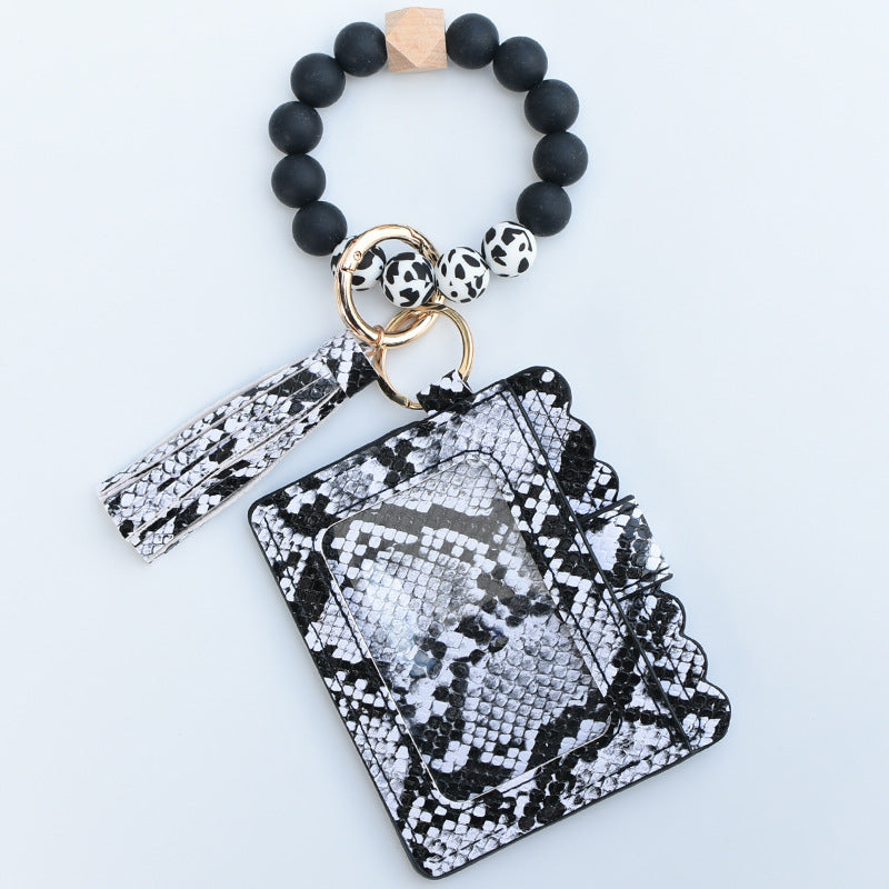 Fashion Leopard Silicone Beaded Keychain Bracelet with Tassel Wallet