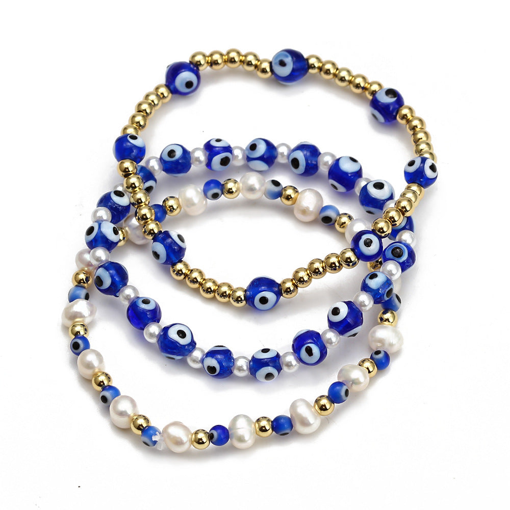 Evil Eye Copper Plated Bracelet Set with Blue Bead Charms