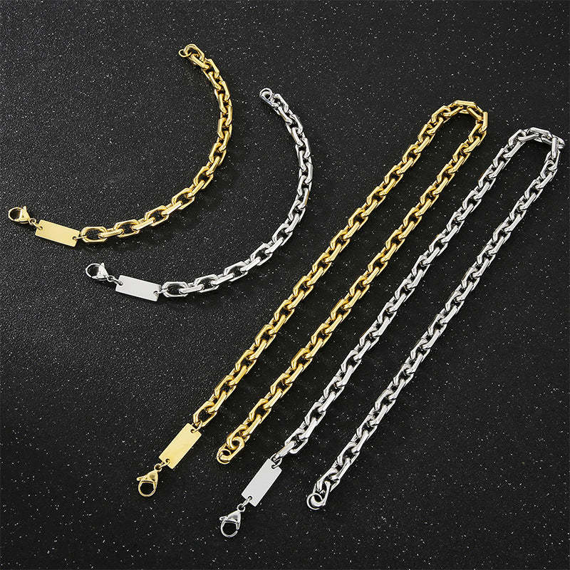 18K Gold Plated Titanium Steel Men's Bracelet and Customizable Stainless Steel Necklace Set