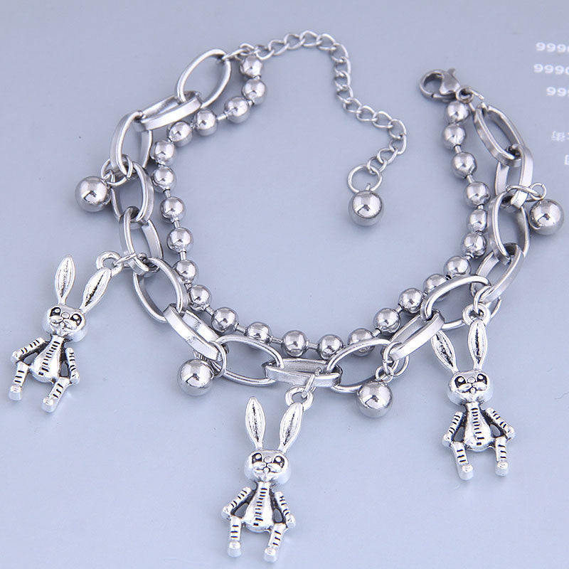 Korean Hip-hop Stainless Steel Bead Crown Double Layer Bracelet