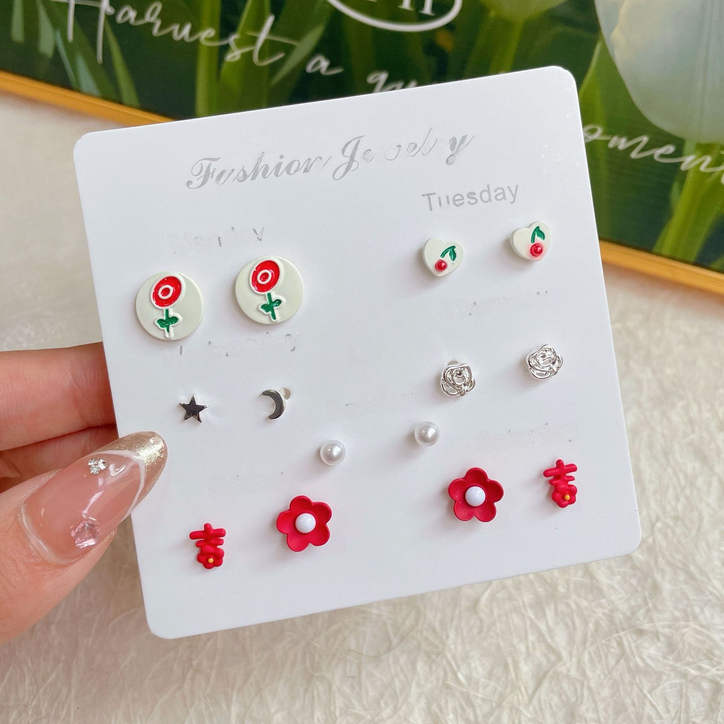 1 Set Enamel Inlay Leaf Insect Flower Pearl Ear Studs - Butterfly Floral Ear Cuff Set for Women