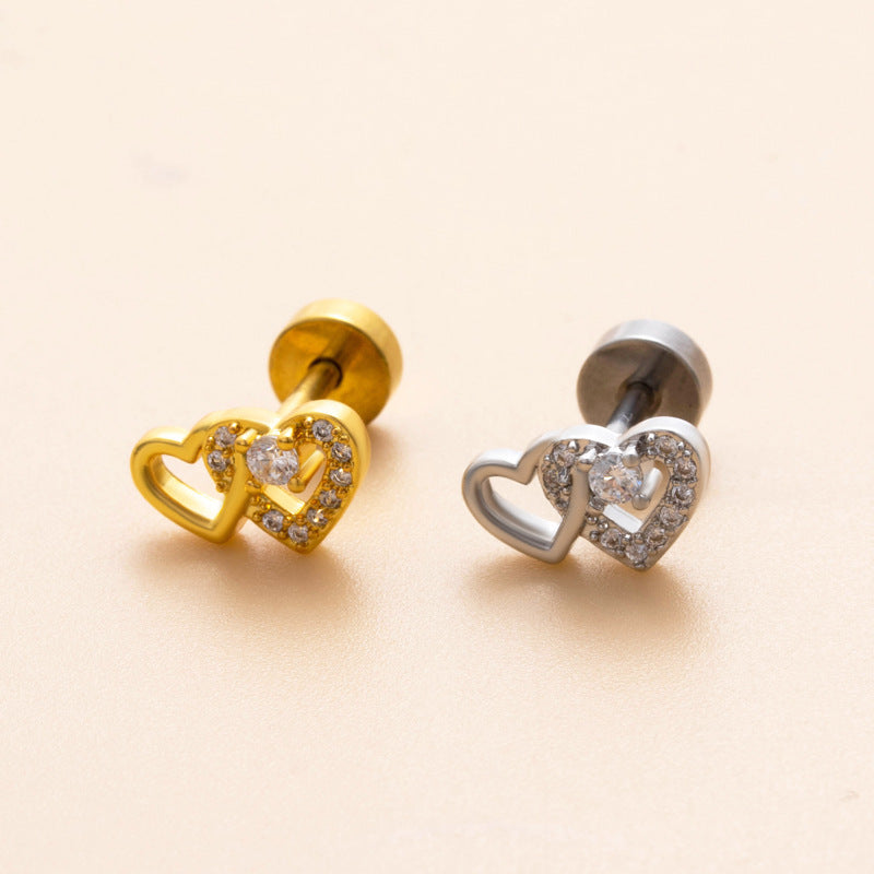 18K Gold Plated Heart & Butterfly Cartilage Stud Earrings with Zircon Inlay