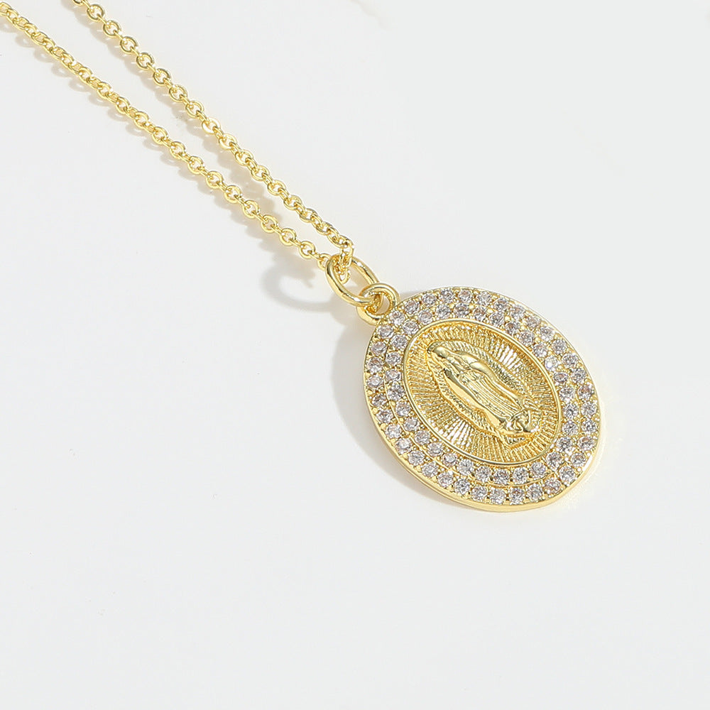 14K Gold Plated Geometric Zircon Pendant Necklace with Vintage Kwan-yin Design