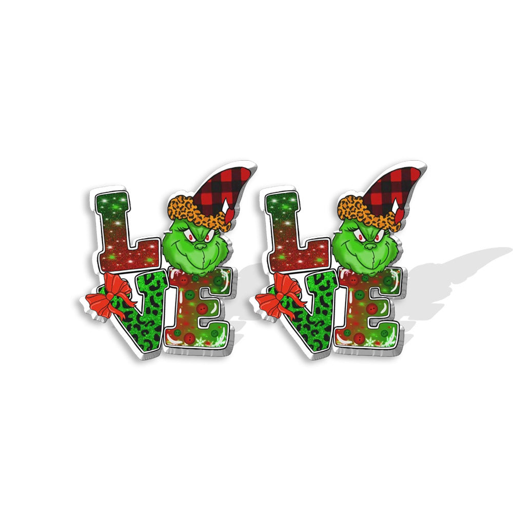 Cute Cartoon Christmas Tree Acrylic Earrings - Grinch Festive Studs for Women