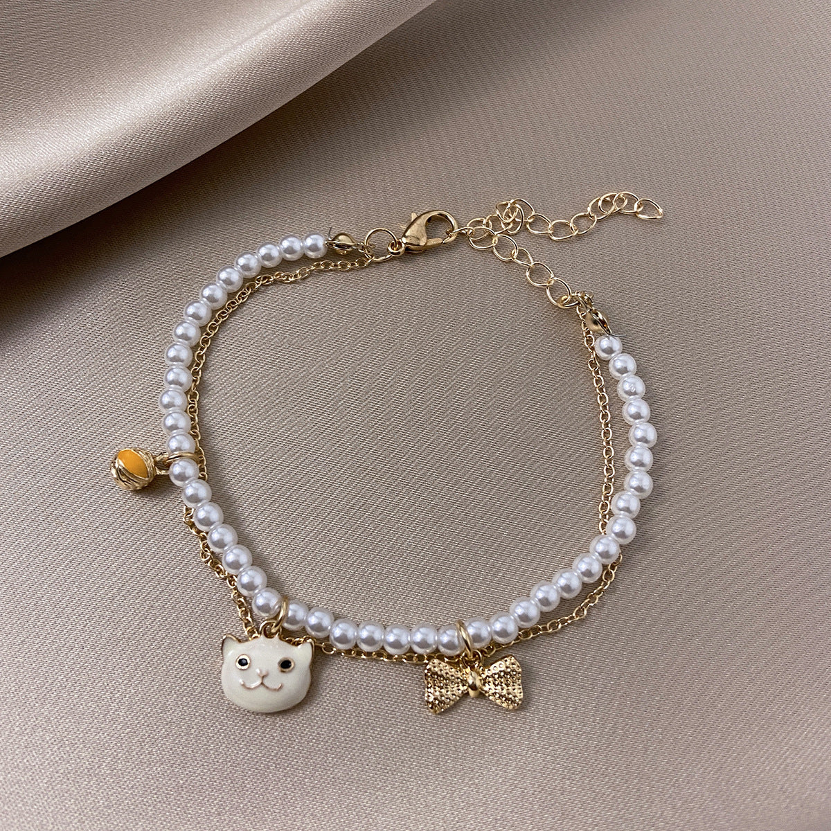 Geometric Alloy Beaded Double Love Pearl Bracelet for Women