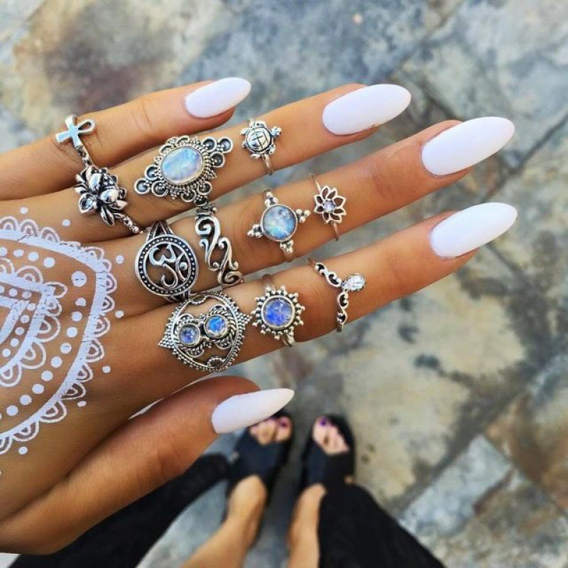 Bohemian Retro Punk Elephant Opal Crystal Midi Knuckle Ring Set for Women