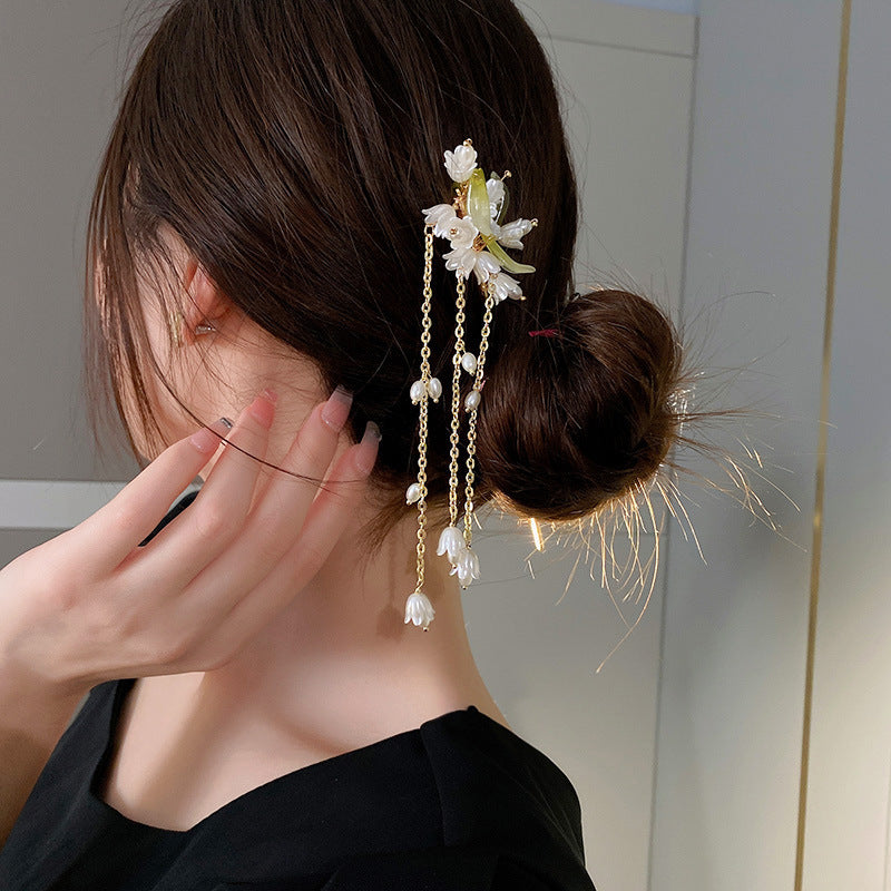 Chinoiserie Floral Pearl Fringe Alloy Hairpin for Women