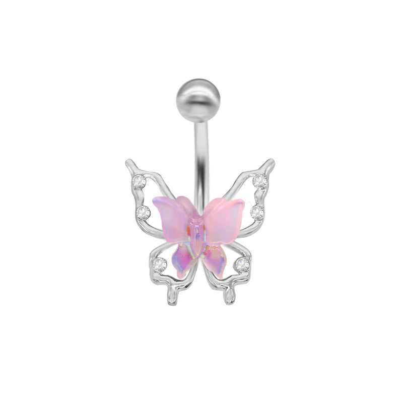 1 Piece Belly Rings Princess Cute Shiny Butterfly 316 Stainless Steel  Alloy Plating Inlay Acrylic Rhinestones White Gold Plated