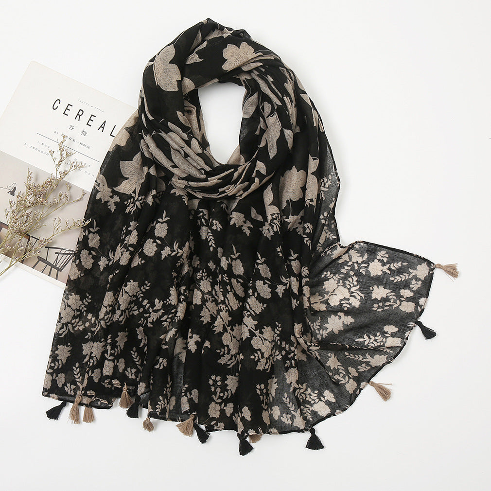 Women's Vintage Bohemian Floral Cotton Linen Print Scarf with Tassels