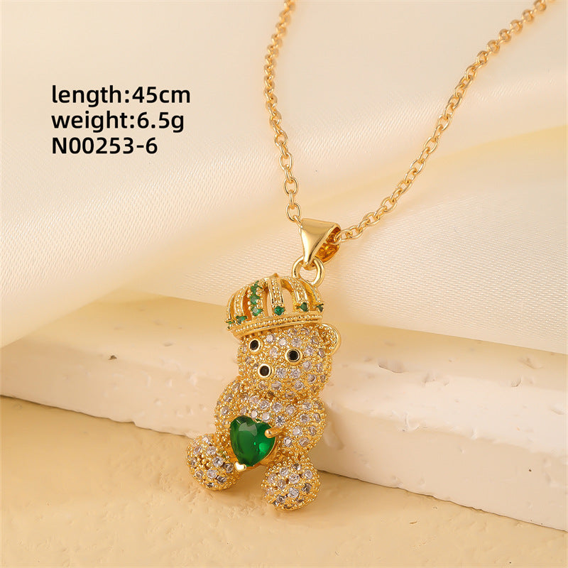 Cute Bear Zircon Pendant Necklace - Gold Plated Stainless Steel