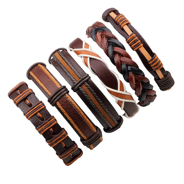 Fashion Cowhide Wax Rope Braided Men's Six-piece Leather Bracelet Jewelry