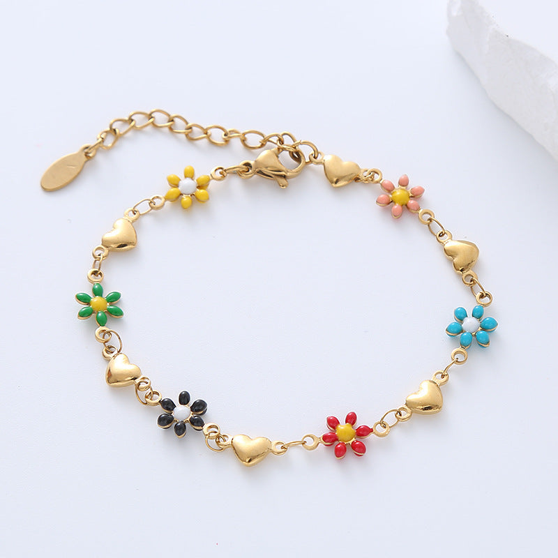 Simple Heart Flower Enamel Gold Plated Stainless Steel Bracelet